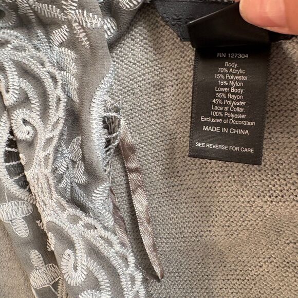 Ali Miles Lace Collar Open Front Cardigan Sweater 1X Gray Artsy Lagenlook Flowy - Picture 9 of 11